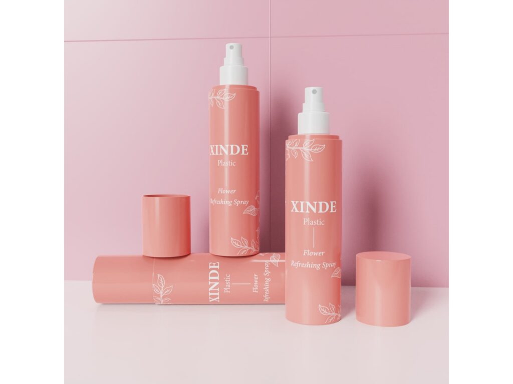 XD-205 pink plastic spray bottles printed with leaf patterns, white mist pump and pink covers for skincare packaging