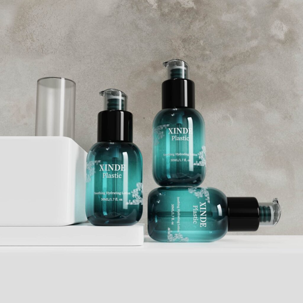 XD-508 round transparent teal bottles with black pump, 50ml cosmetic packaging for soothing hydrating facial lotion and serum