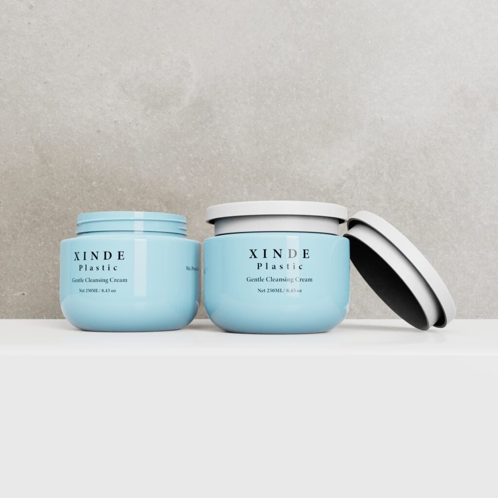 XD-217 light blue 250ml wide-mouth plastic skincare jars with white caps, empty packaging for cleansing cream and body mask