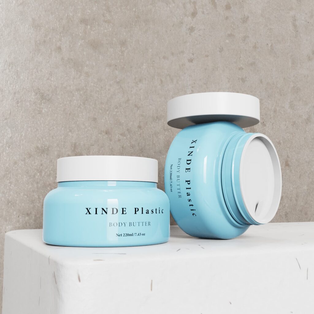 XD-068 light blue 220ml round plastic cosmetic jars with white caps, empty packaging for body butter and moisturizing cream