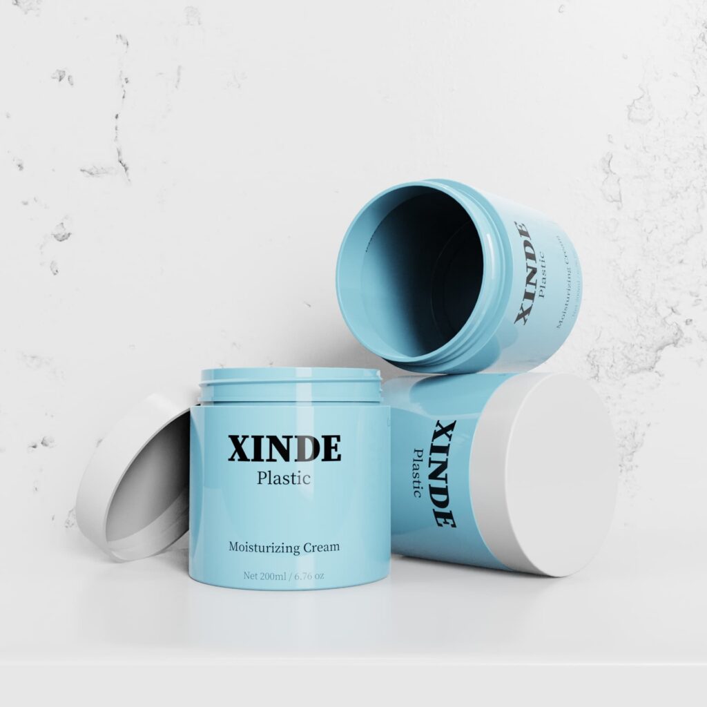XD-011 light blue 200ml plastic cream jar set with white caps, empty cosmetic packaging for facial moisturizer and body cream