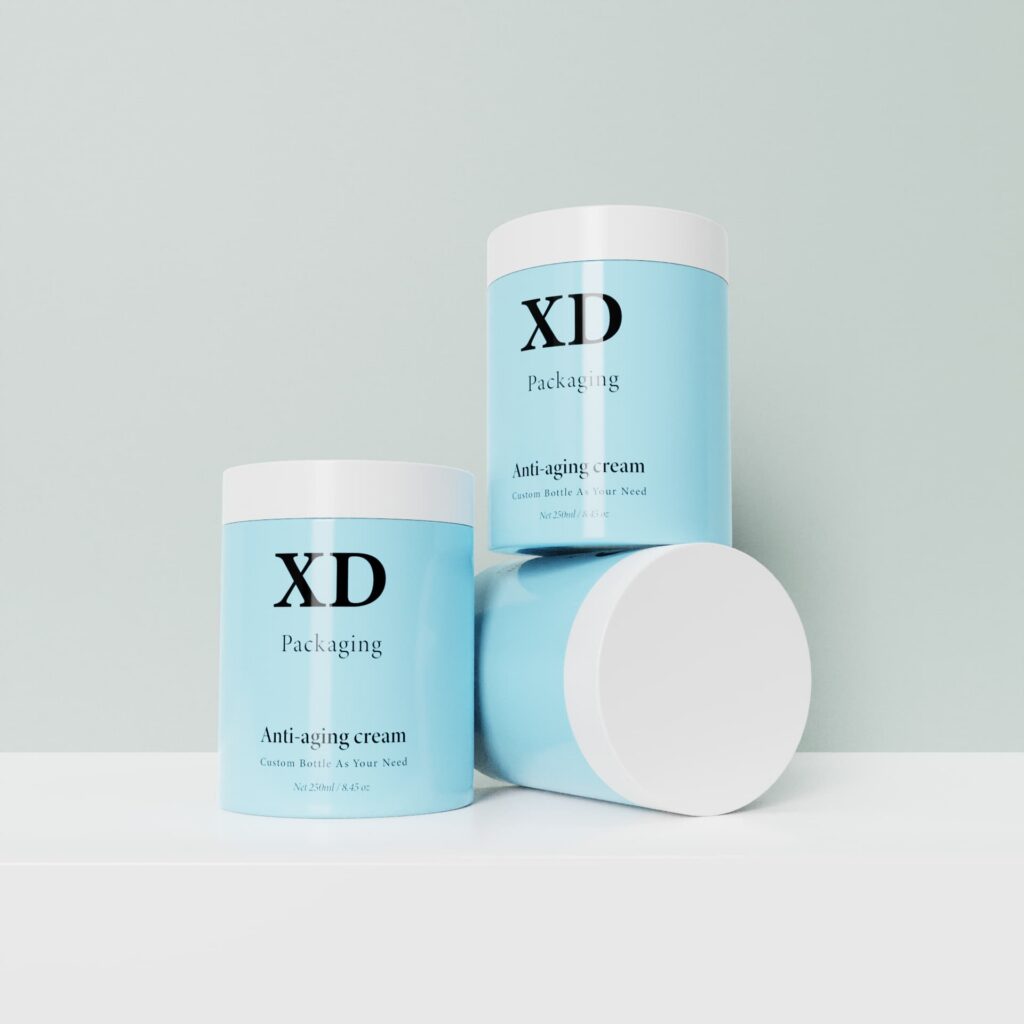 XD-139 light blue 250ml round plastic skincare jars with white caps, empty custom packaging for anti-aging facial cream