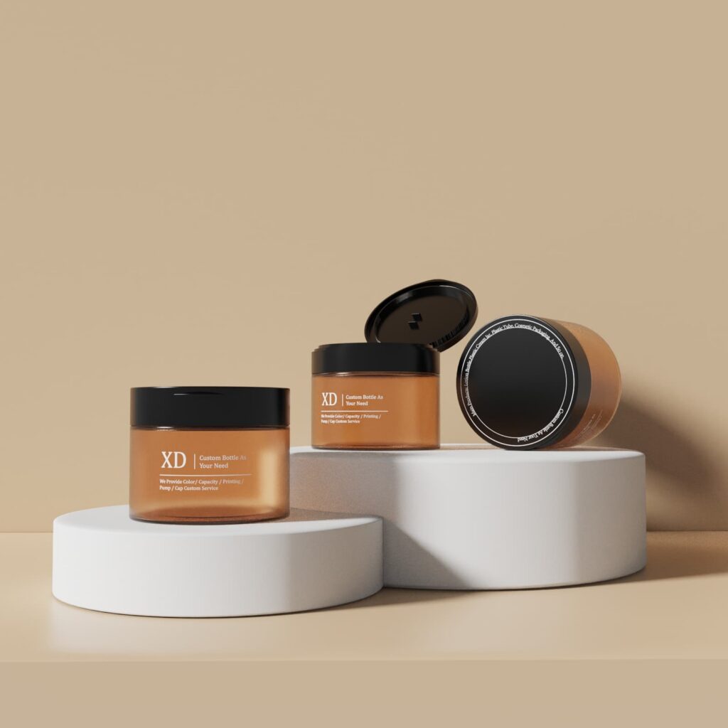 XD-156 amber round plastic skincare jars with black flip top caps, multi-size empty packaging for face cream and body mask