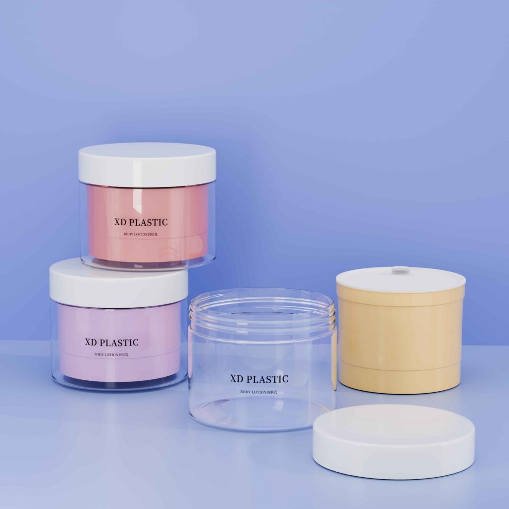 XDW-521 double-wall transparent jars for body lotion and face mask packaging, with white caps and multi-color insert jars