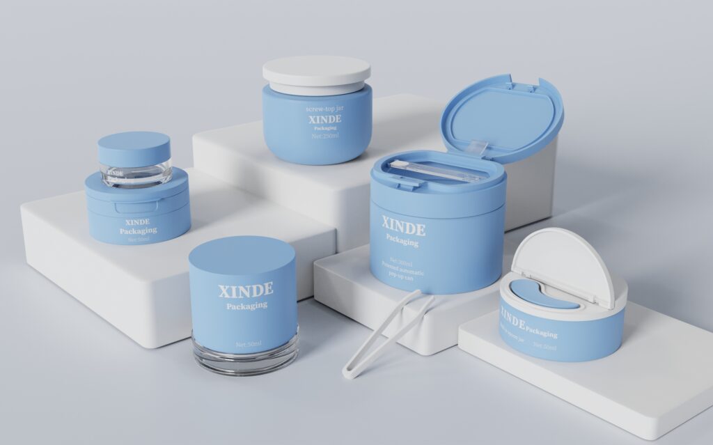 Light blue plastic cosmetic jars set with screw & flip caps and built-in tweezers, customizable cosmetic pot packaging