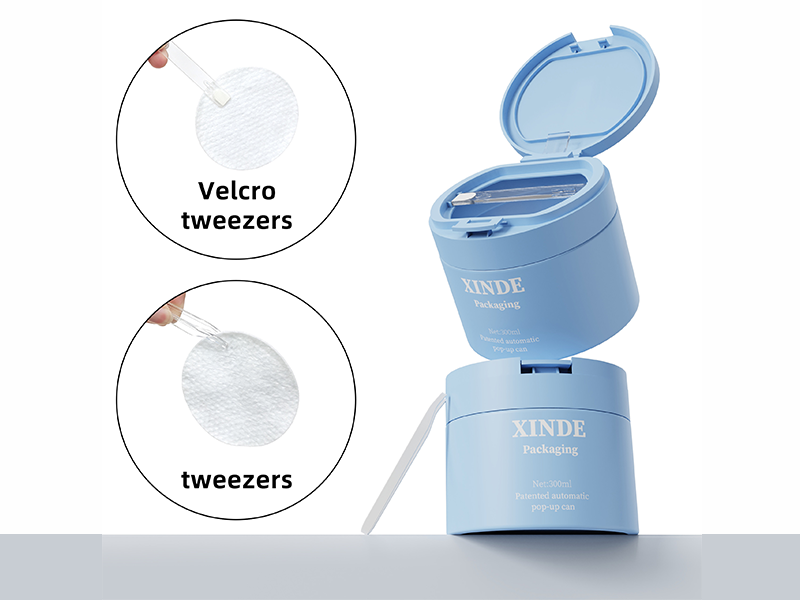 Patented auto flip-top cap plastic jar with tweezers, light blue cosmetic cotton pad storage packaging pot