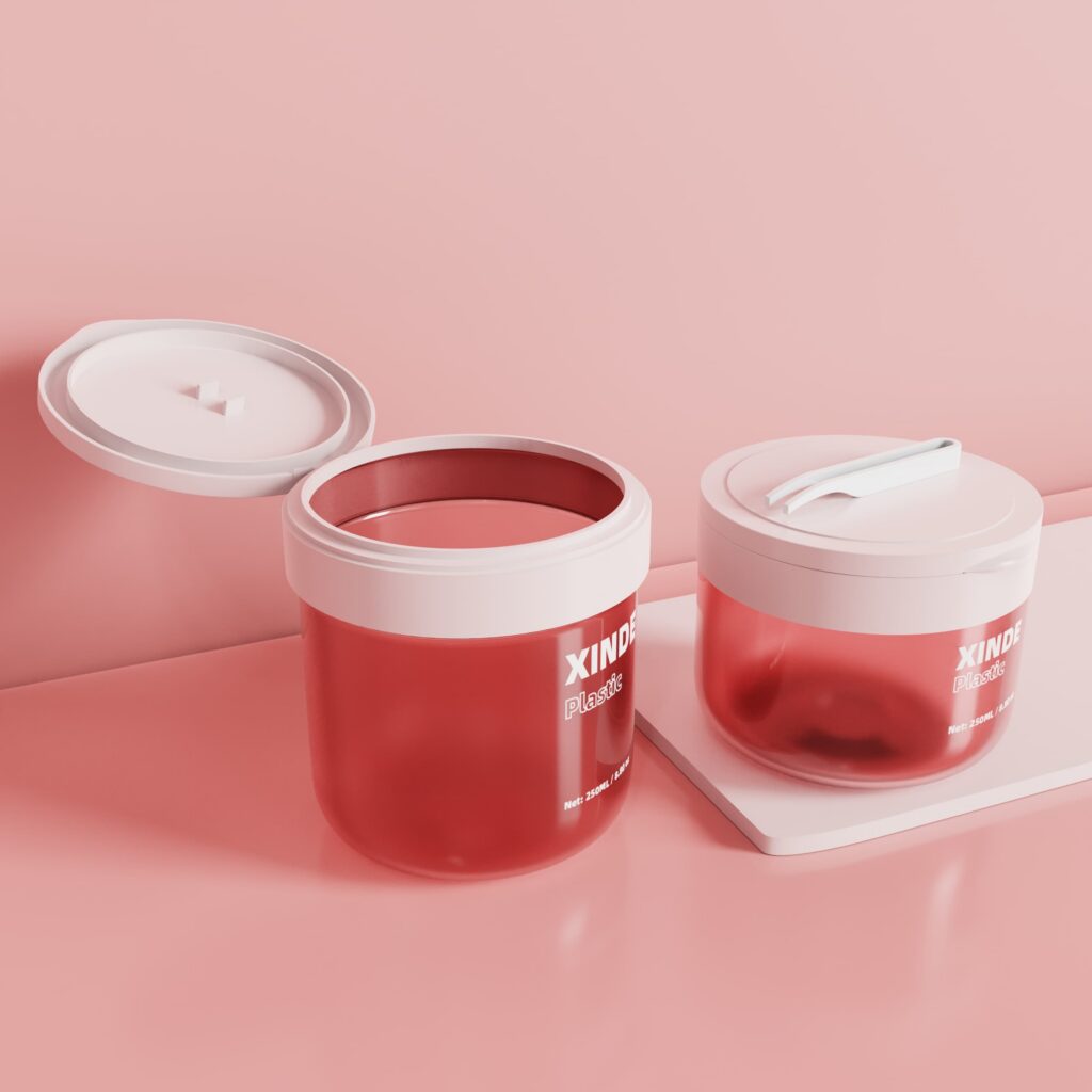 XD-K2C translucent red 250ml plastic cosmetic jars, flip top white cap with tweezers for skincare cotton pads storage