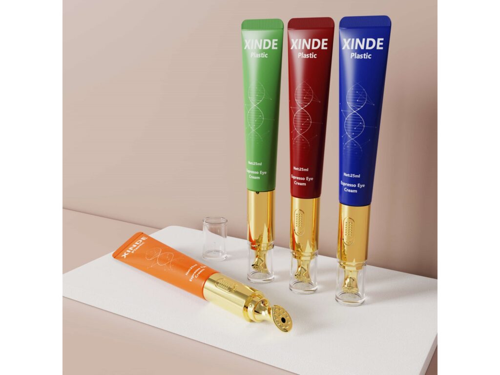 XDW-523 colorful electric massage eye cream plastic tubes with gold vibrating roller head, custom cosmetic packaging tubes