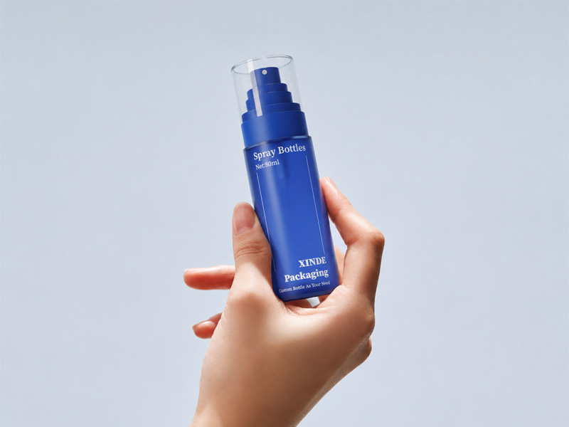 Matte blue 80ml plastic mist spray bottle held in hand, empty portable cosmetic skincare packaging