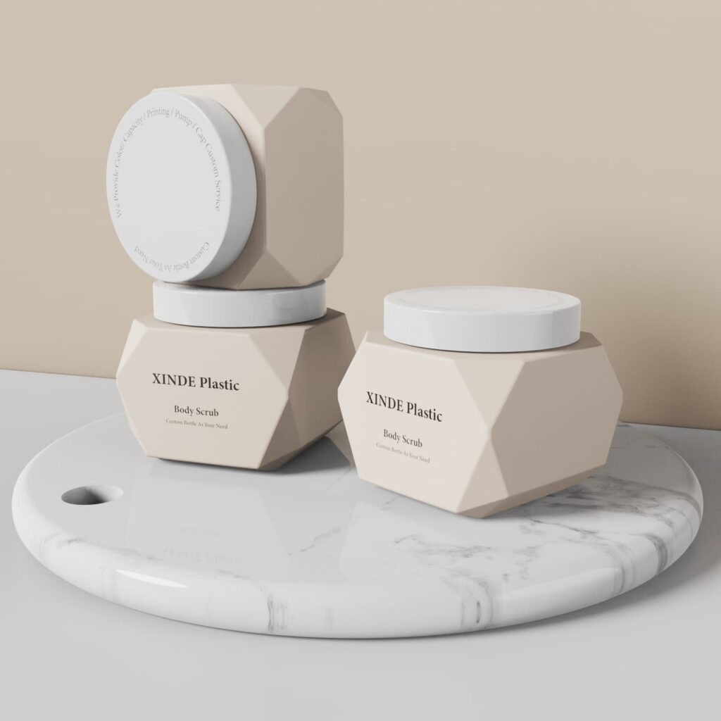 XD-507 matte beige polygon plastic cosmetic jars with white caps, unique custom packaging for body scrub and facial mask