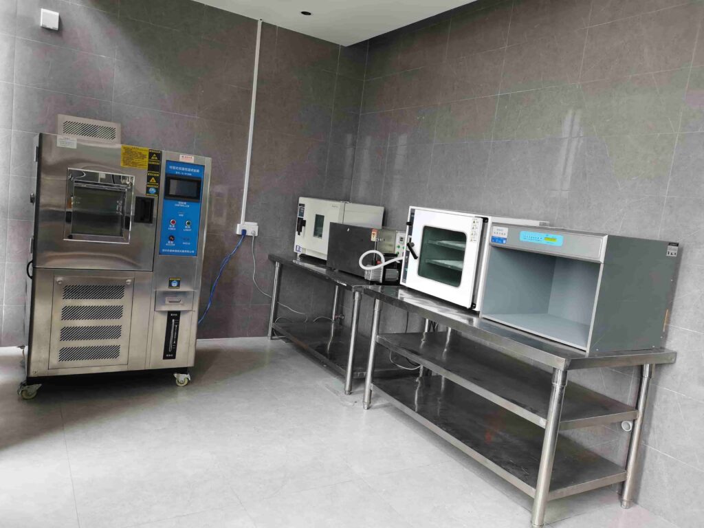 Laboratory inspection room with a full set of testing machines, our quality control lab for cosmetic packaging quality tests