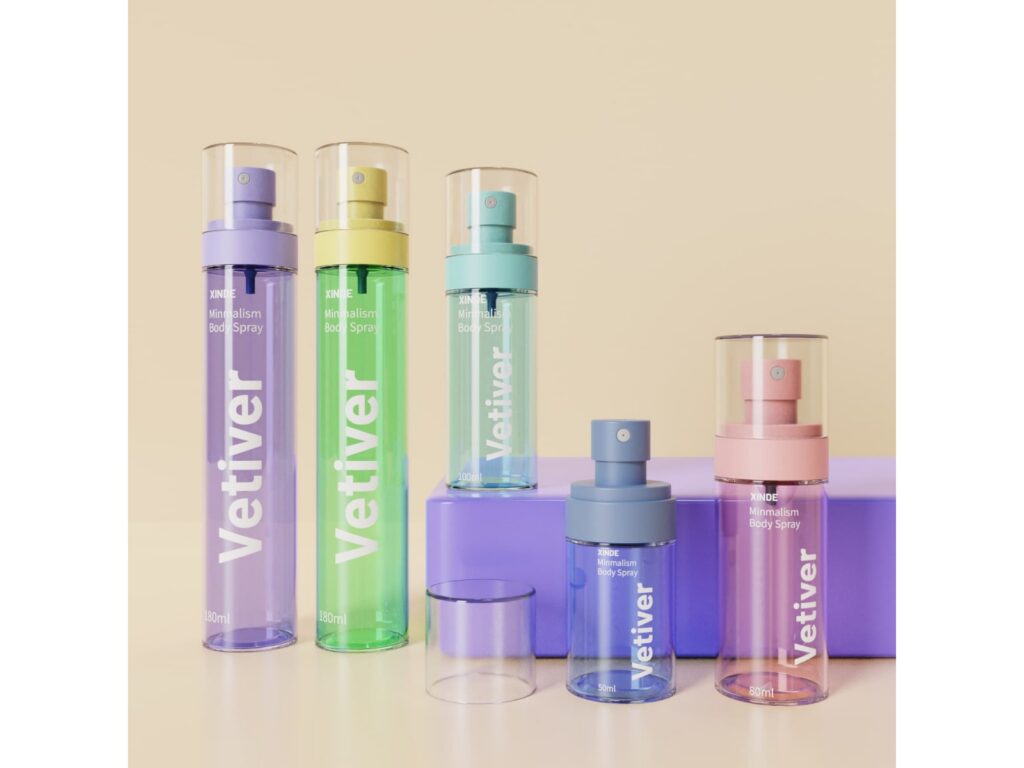 XD-076 clear pastel spray bottles in multiple sizes, colorful pump heads with transparent covers for skincare packaging