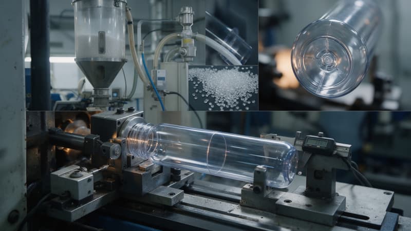 PET preform quality inspection before mass production, checking wall thickness, gate, and parting line