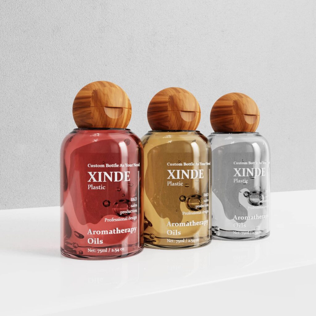 XD-165 rounded transparent bottles in red, amber and gray, wood grain round caps, 75ml for serum and perfume packaging