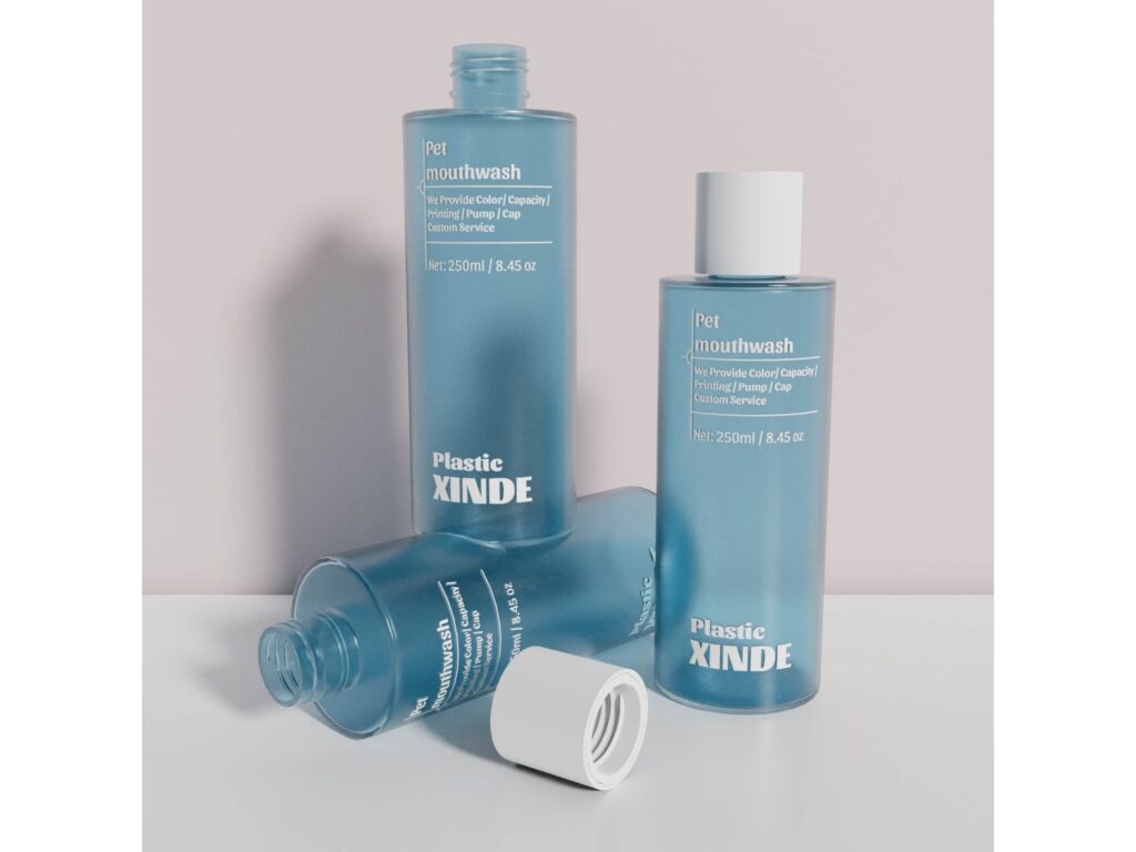 XD-219 light blue PET bottles, 250ml with white screw cap, empty packaging for mouthwash and daily care liquid products