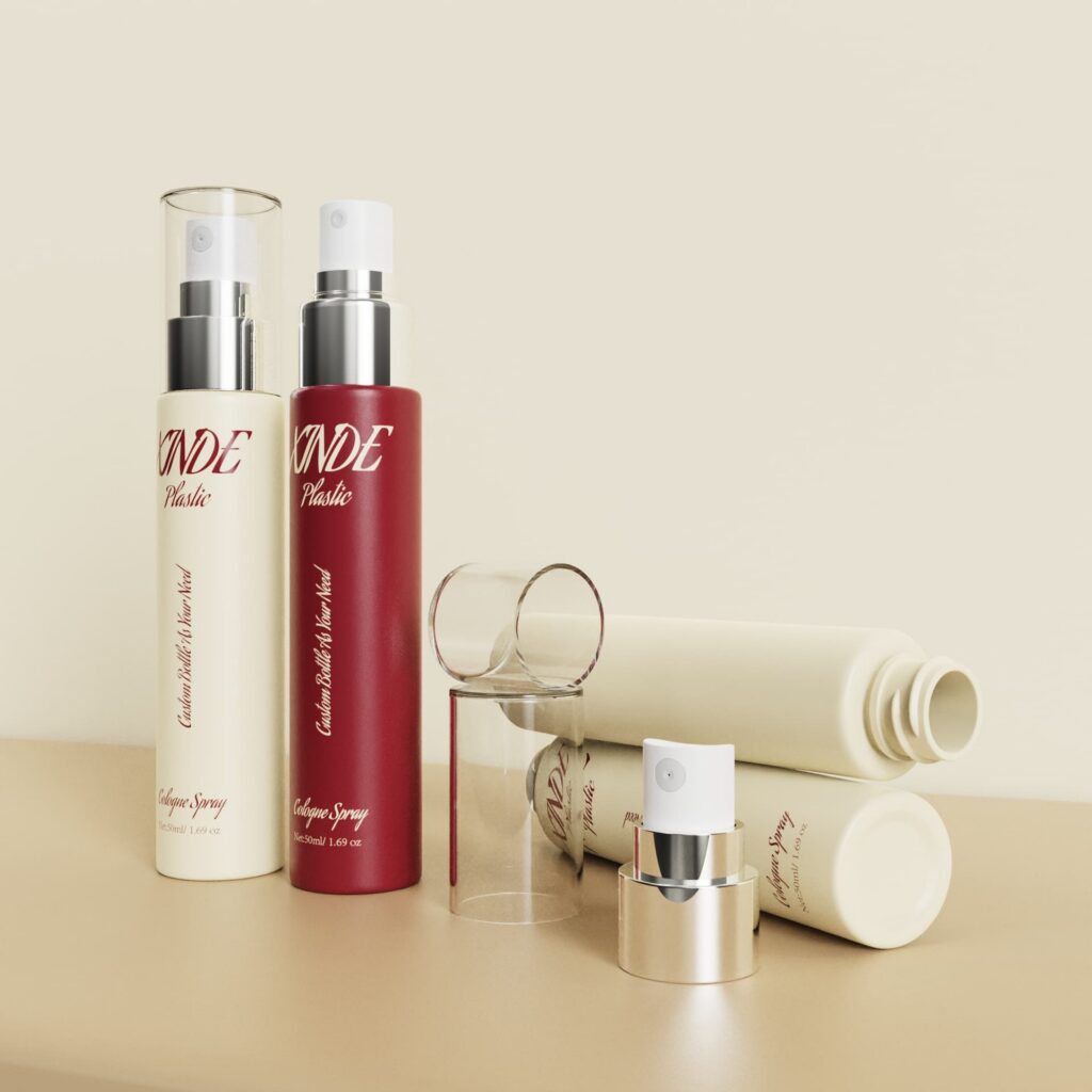 XD-049 50ml spray bottles in cream and red, silver mist pump with transparent cover for perfume and facial mist packaging