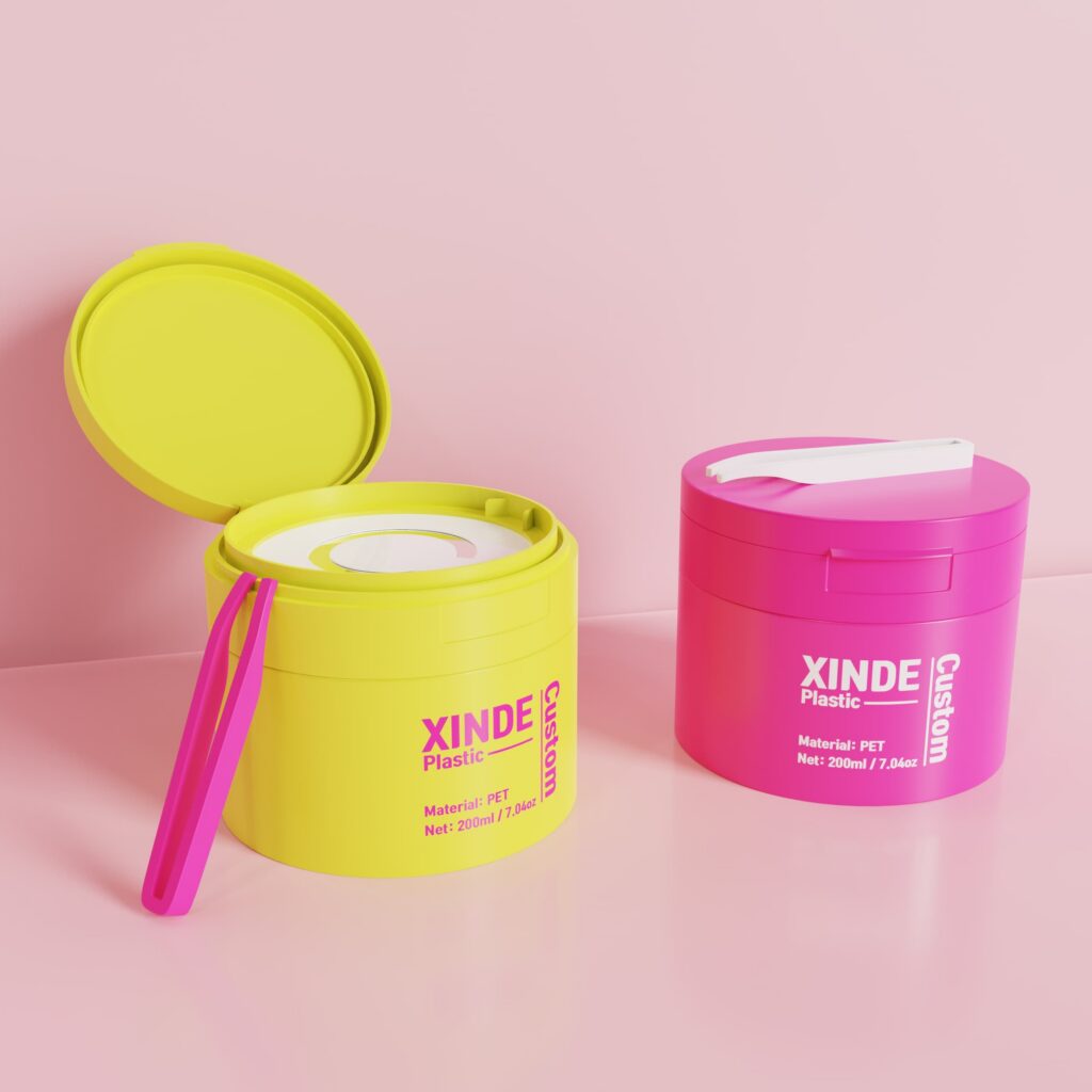 XD-513 bright yellow and pink 200ml PET plastic jars with flip caps and tweezers, cosmetic packaging for skincare cotton pads