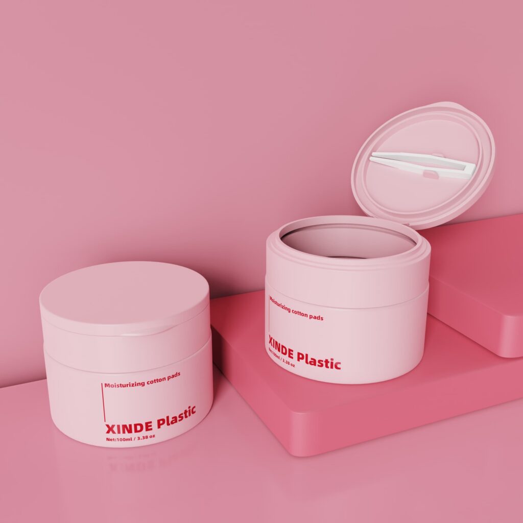 XD-139 pink 100ml round plastic jar with built-in tweezers, empty packaging for skincare exfoliating cotton pads