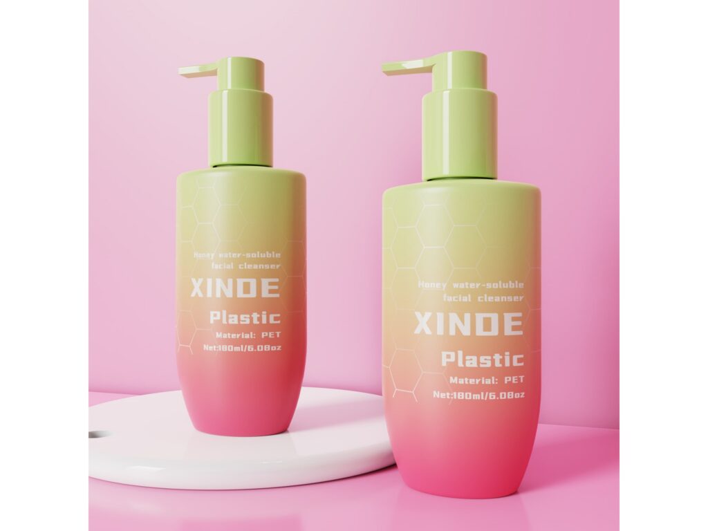 XD-187 oval gradient pink green bottles with matching green pump, 180ml PET empty packaging for facial wash and body lotion