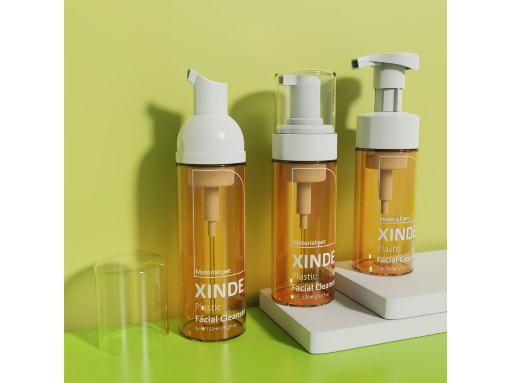 XD-038 translucent amber 150ml PET foam pump bottles, empty cosmetic packaging for facial wash and cleansing mousse