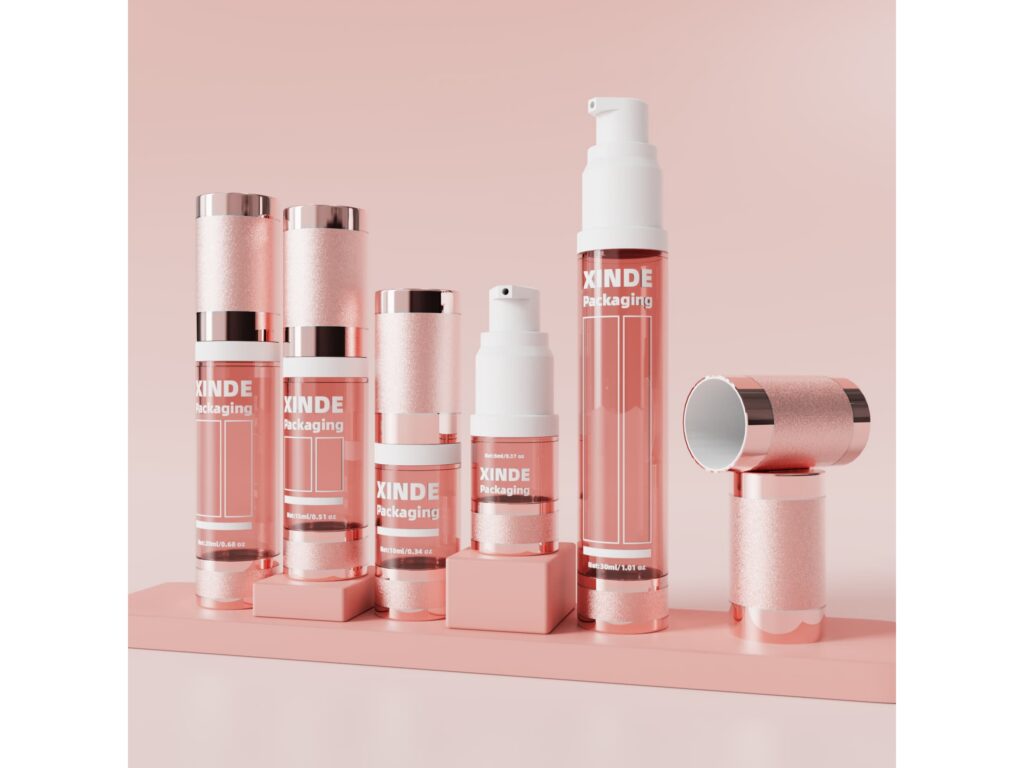 Pink metallic finish multi‑size airless pump bottles, vacuum cosmetic packaging collection