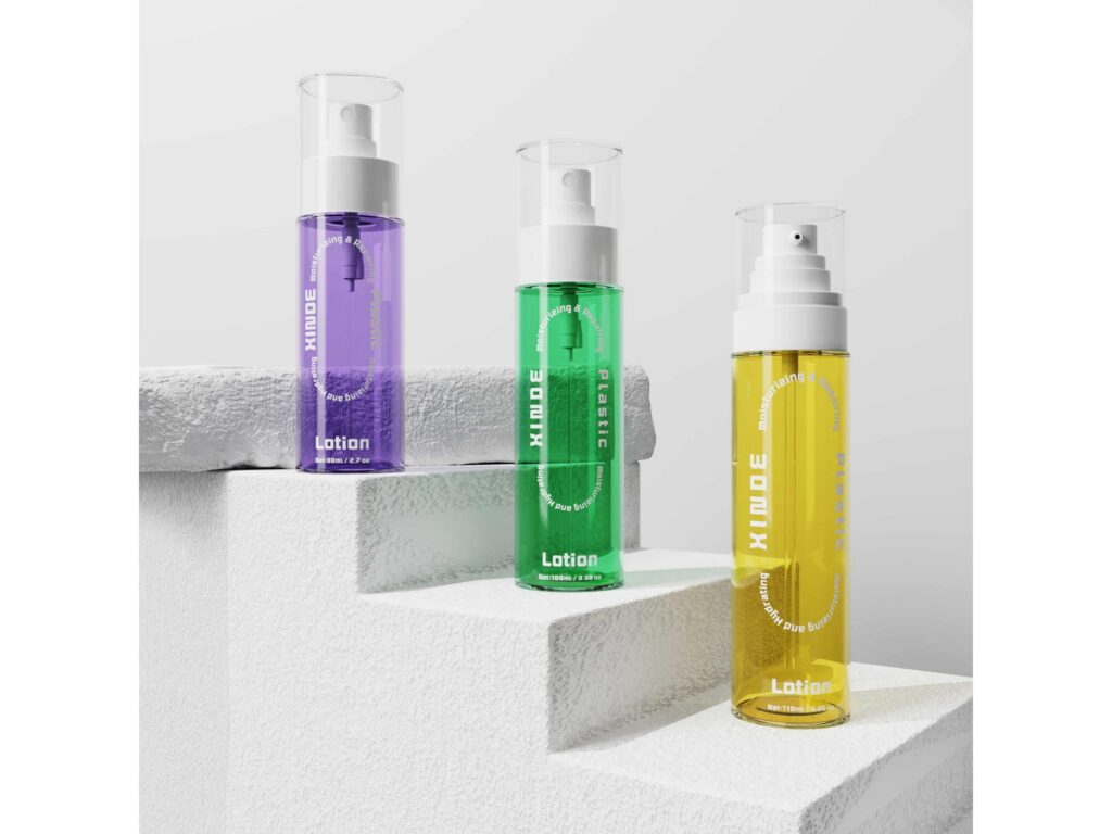 XD-126 clear cylindrical plastic spray bottles in multi-color, white mist pump with transparent cover for skincare packaging