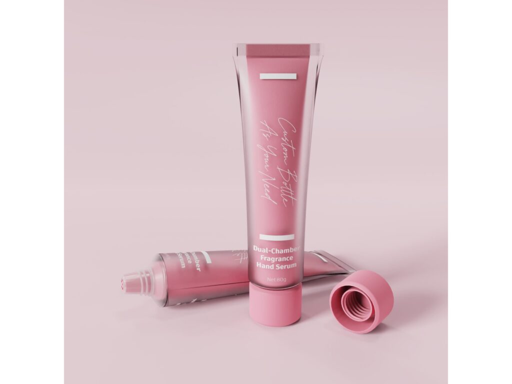 Dual-chamber pink hand serum tube 80g, with another tube lying flat and screw cap off