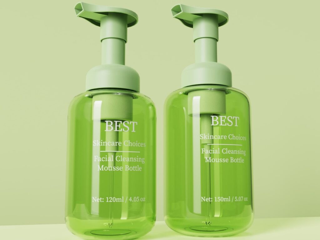 Two clear green facial cleansing mousse bottles with foam pumps, 120ml and 150ml capacities