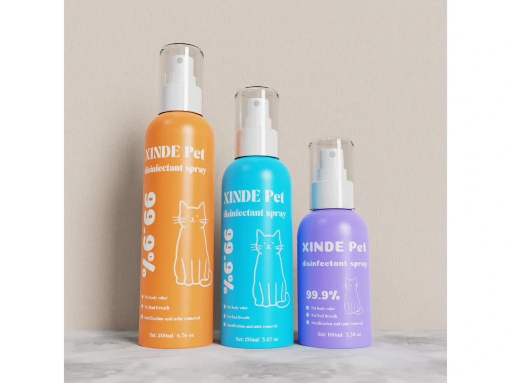 XD-164 multi-color mist bottles for pet deodorant spray, three sizes with white pump and clear cover for pet care packaging